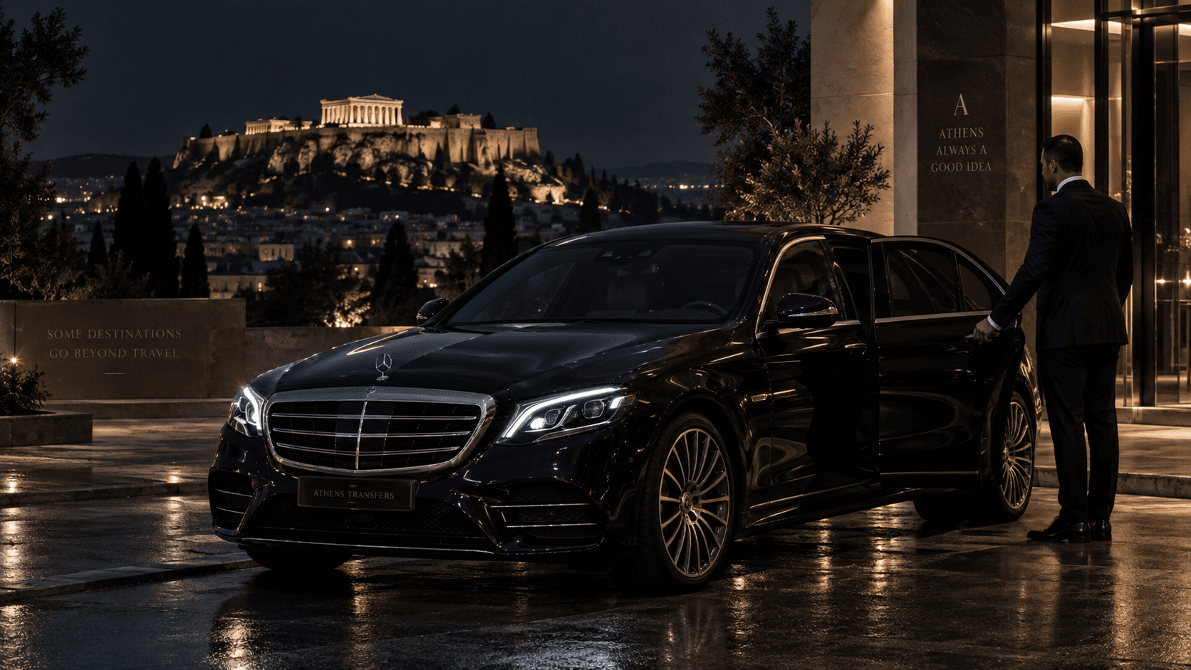 Private chauffeur beside a luxury sedan overlooking the Acropolis at night