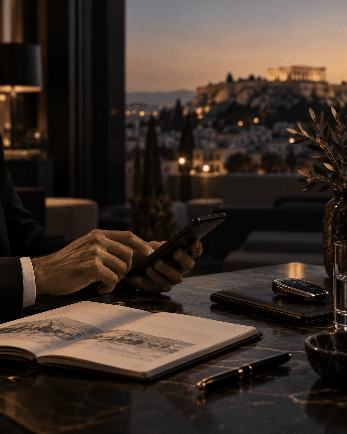 Luxury travel planning with a smartphone, notebook and car key overlooking Athens at dusk